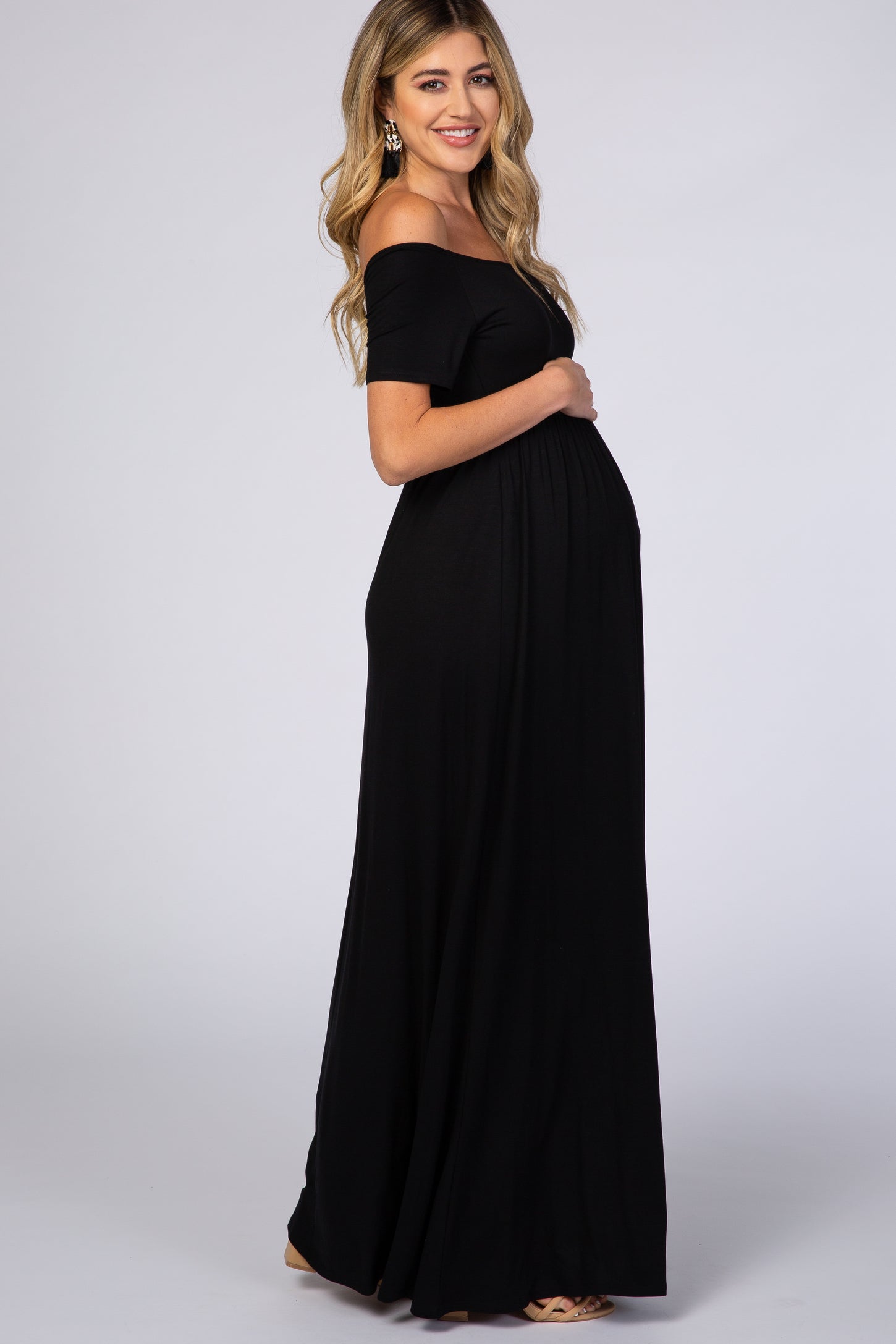 PinkBlush Black Off The Shoulder Short Sleeve Maternity Maxi Dress