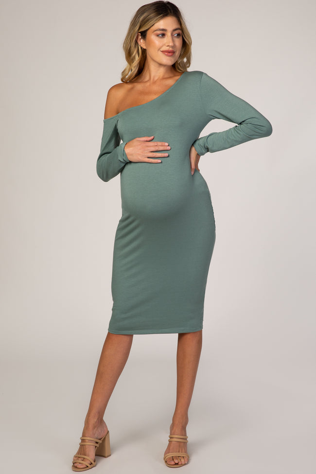 green one shoulder midi dress