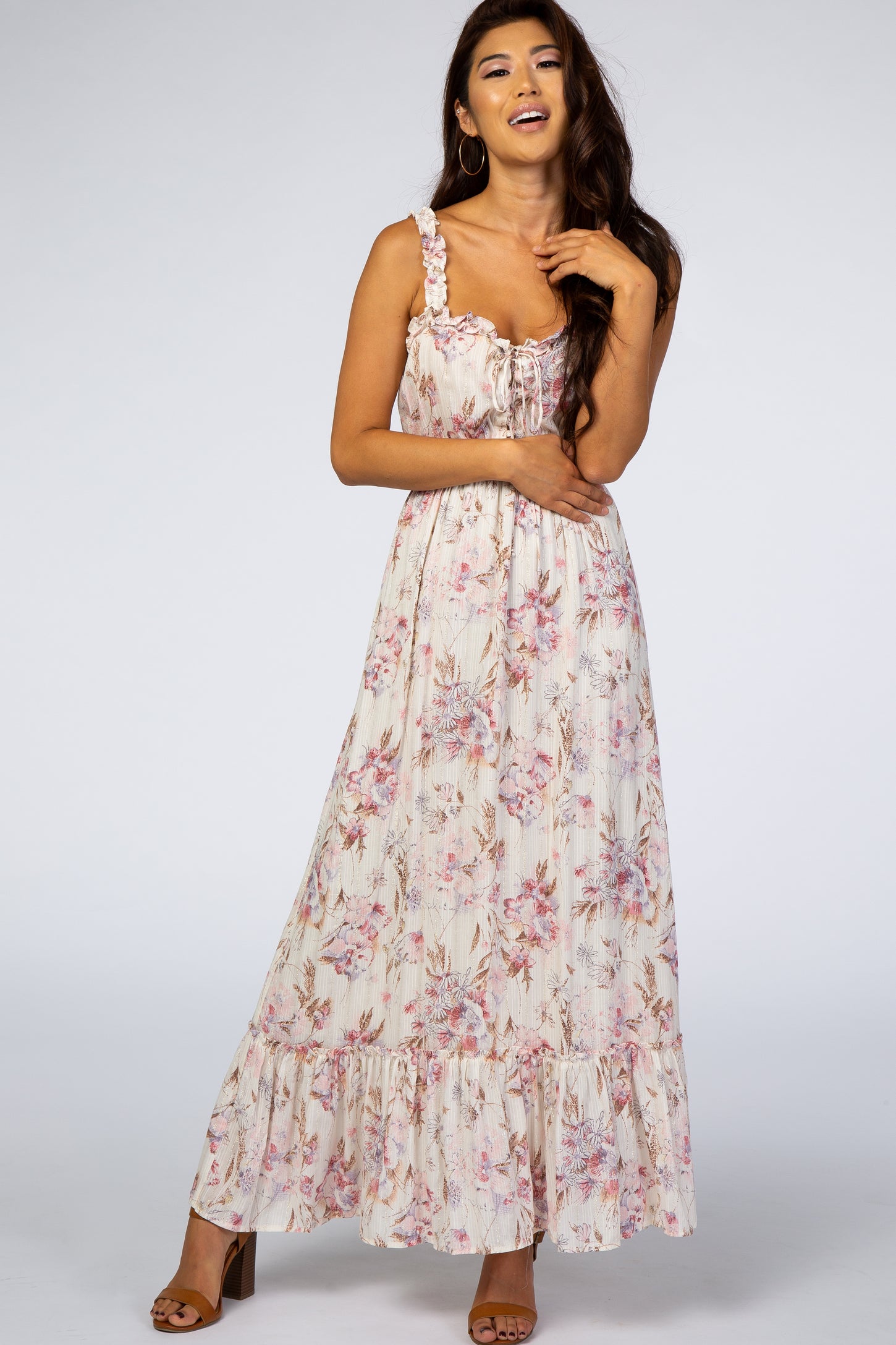 Cream Floral Shimmer Lace-Up Maxi Dress – PinkBlush