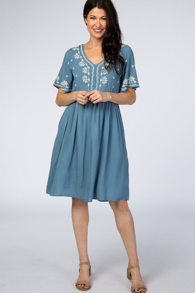 blue embroidered midi dress