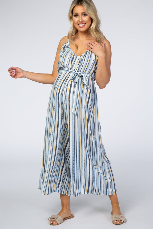 Blue Vertically Striped Thin Strap Tie Waist Maternity Jumpsuit – PinkBlush