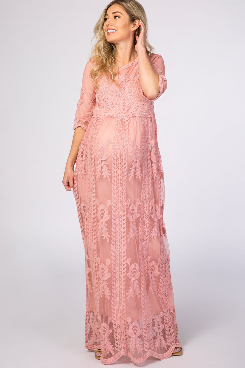 Pink Crochet Overlay Maternity Maxi Dress – PinkBlush