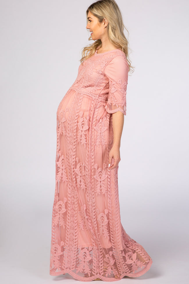 Pink Crochet Overlay Maternity Maxi Dress PinkBlush