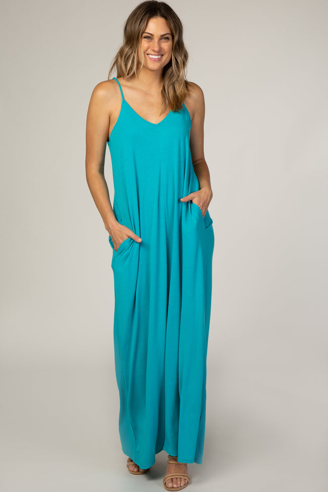 Turquoise Solid Cami Strap Maternity Maxi Dress Pinkblush 