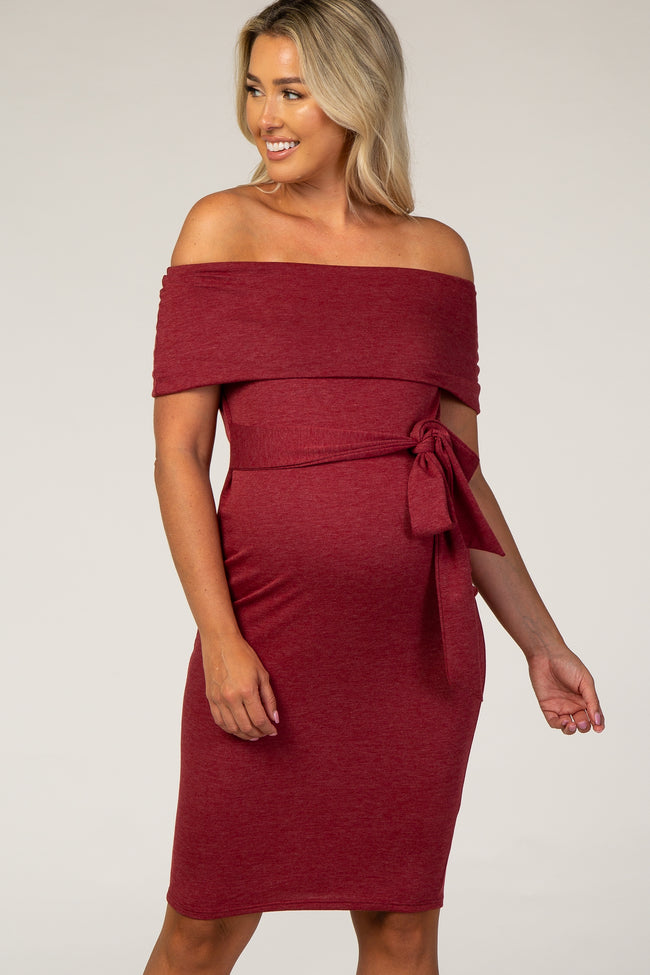 PinkBlush Burgundy Folded Off Shoulder Belted Fitted Maternity Dress