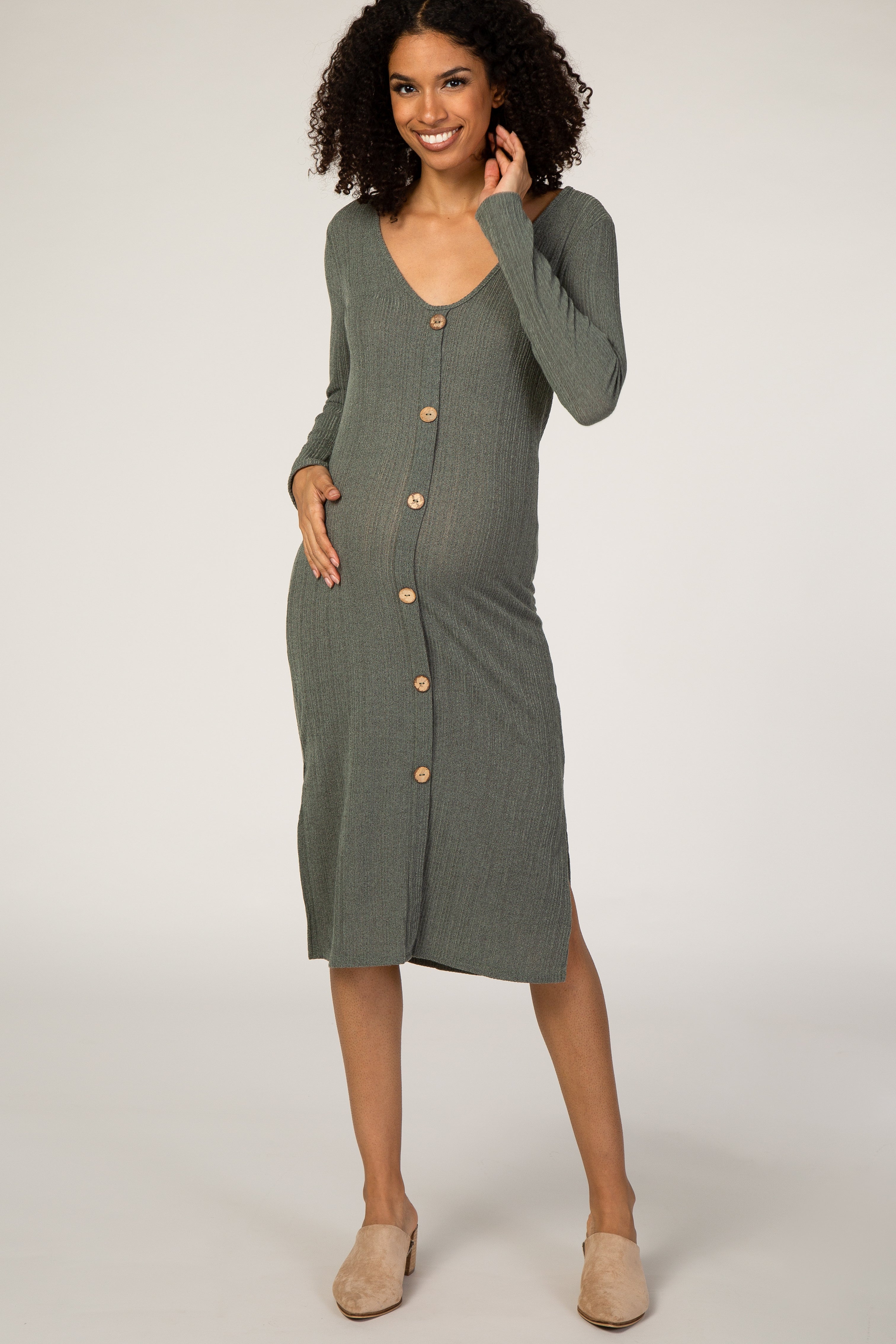 Olive Button Down Maternity Midi Dress