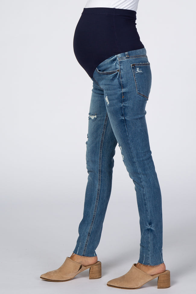 Blue Distressed Raw Hem Maternity Skinny Jeans – PinkBlush