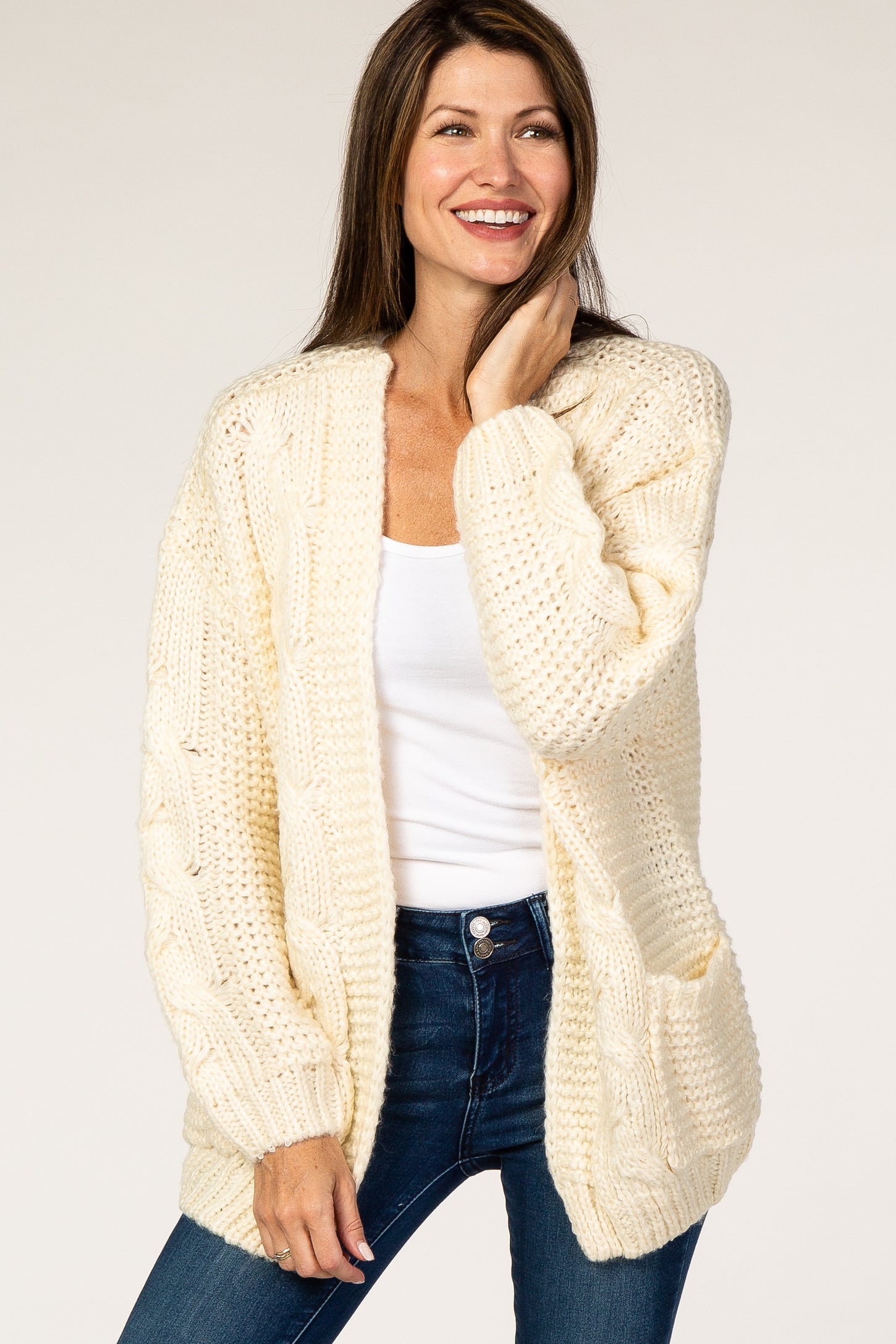 Ivory Cable Knit Maternity Cardigan#R#– PinkBlush