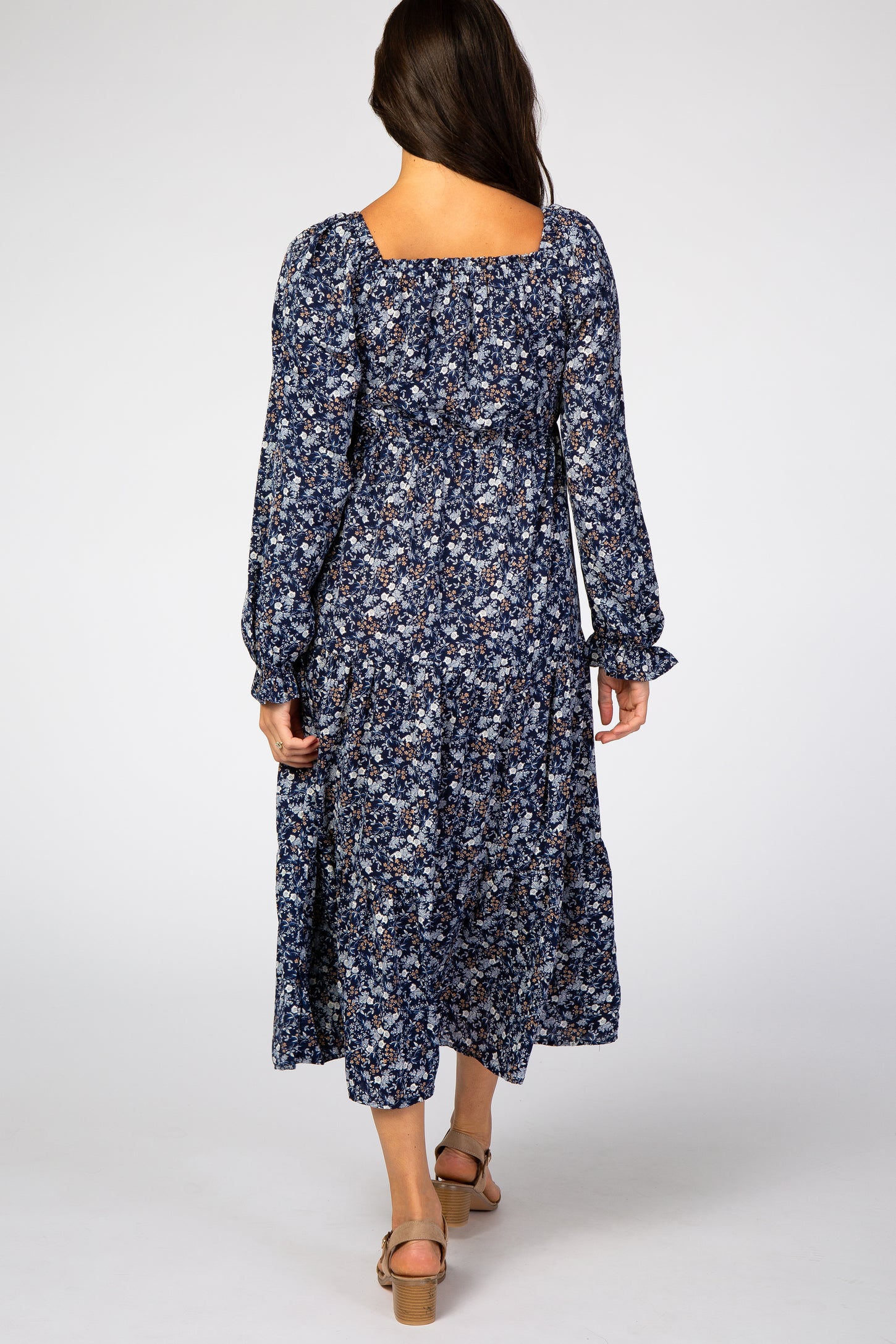 Navy Blue Floral Square Neck Smocked Maxi Dress – PinkBlush