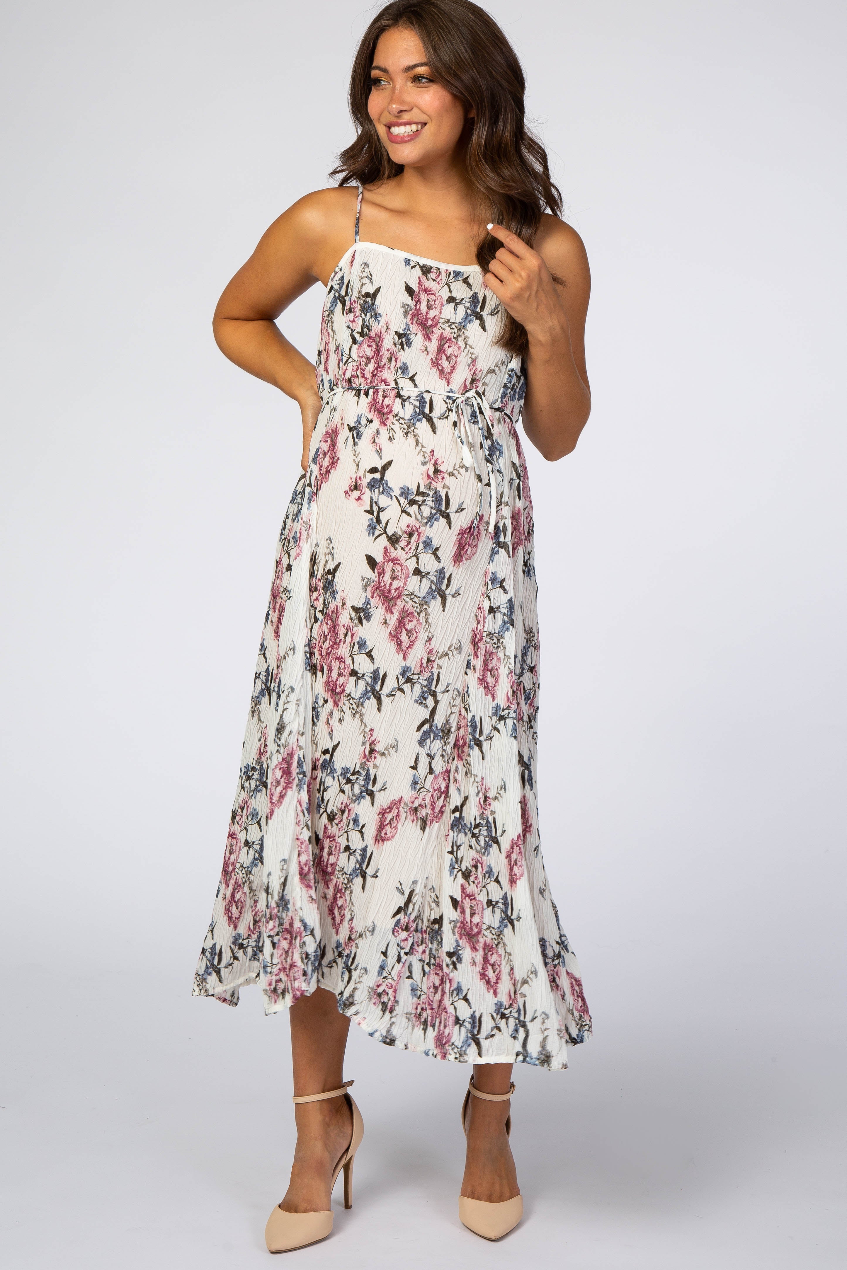 Ivory Floral Textured Maternity Midi Dress