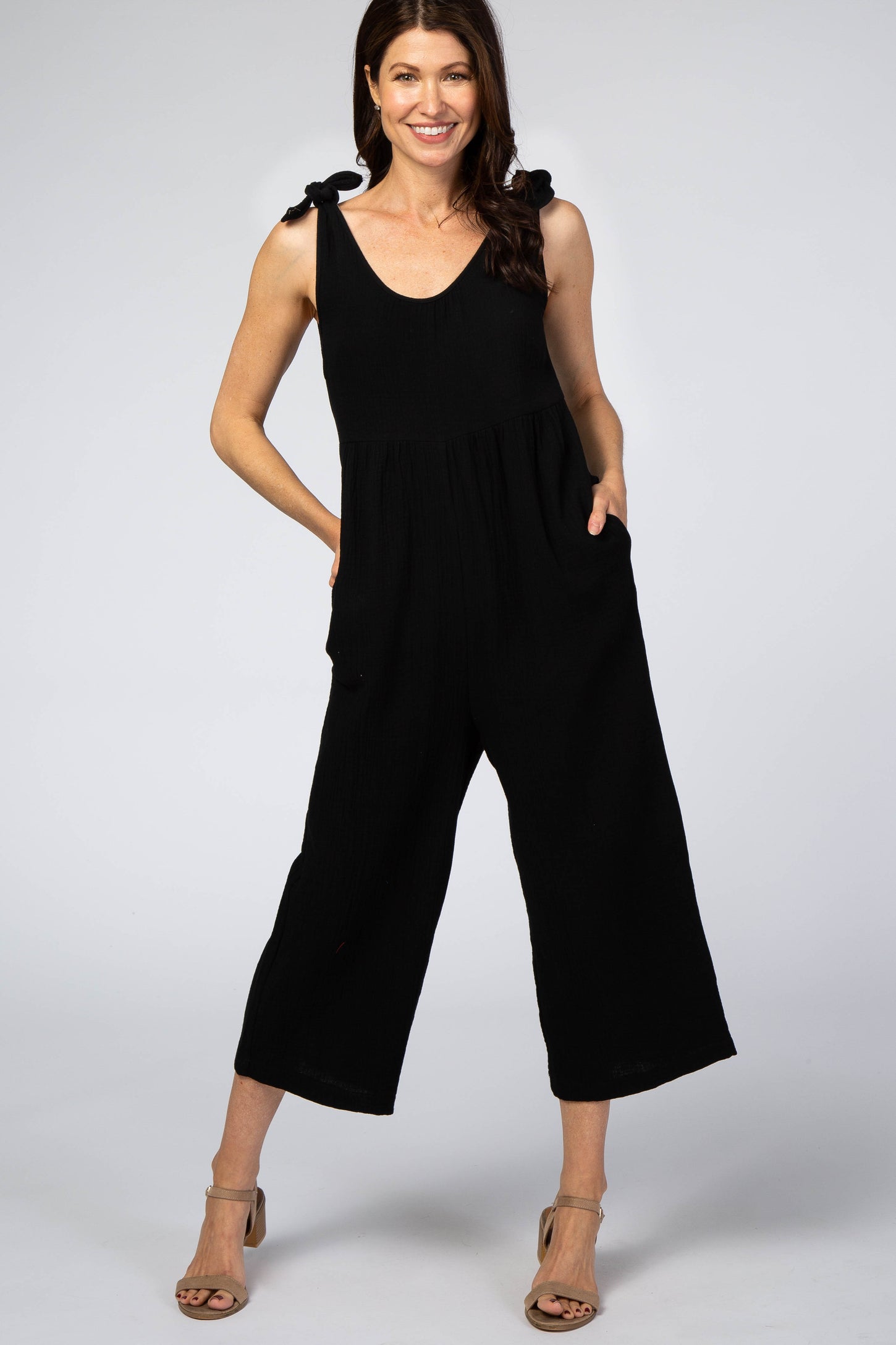 Black Knot Strap Cropped Maternity Jumpsuit – PinkBlush