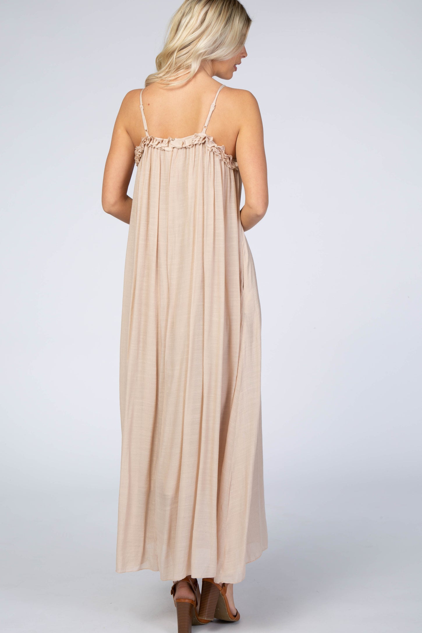 Beige Ruffle Linen Maxi Dress – PinkBlush