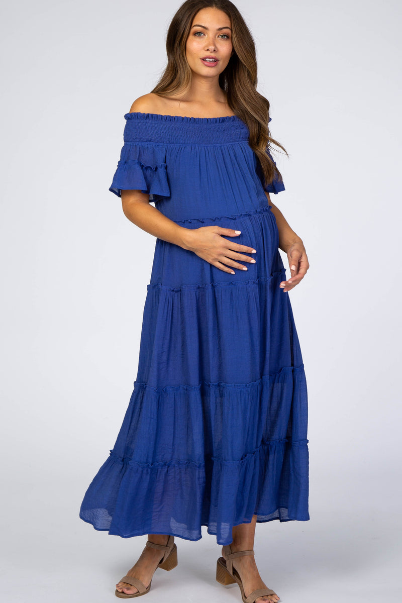 Royal Blue Off Shoulder Tiered Maternity Maxi Dress – PinkBlush