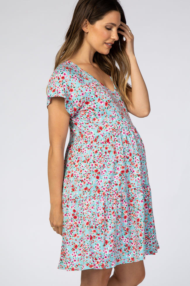 Aqua Floral Pleated Tier Babydoll Maternity Dress – PinkBlush