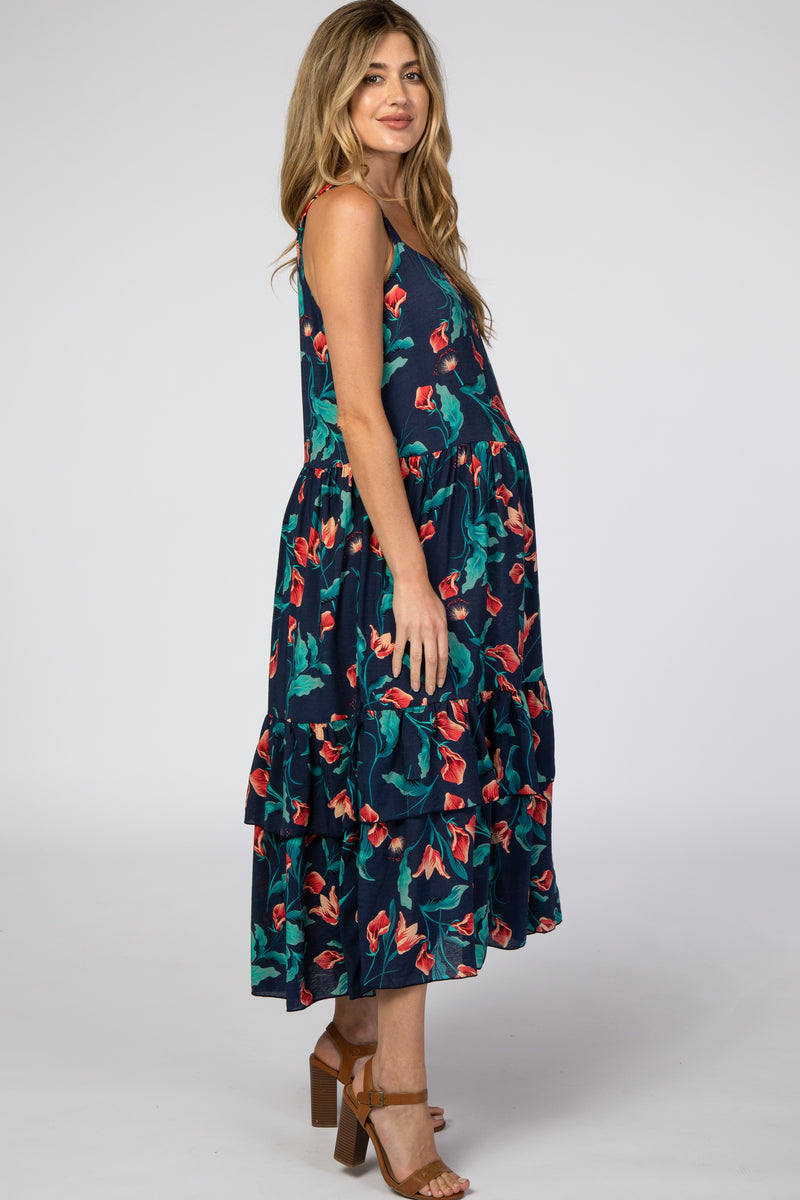 Navy Blue Tropical Floral Square Neck Maternity Midi Dress#R#– PinkBlush