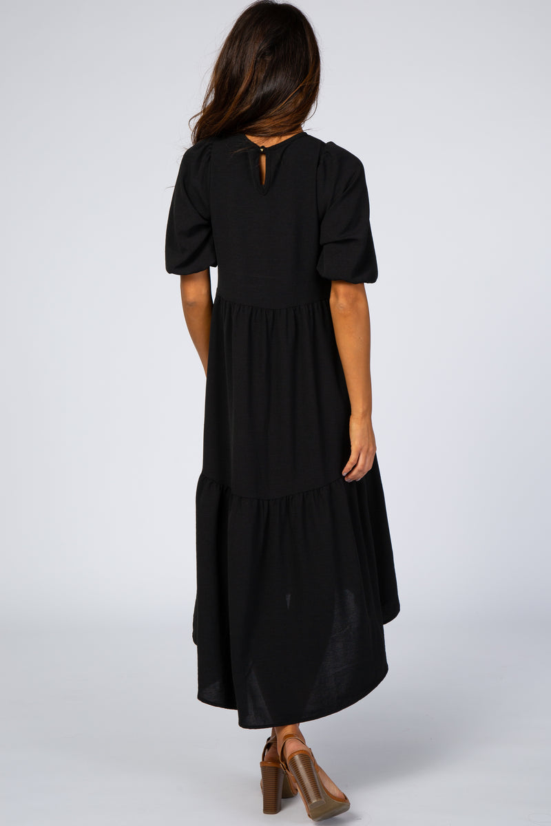Black Tiered Bubble Short Sleeve Midi Dress#R#– PinkBlush