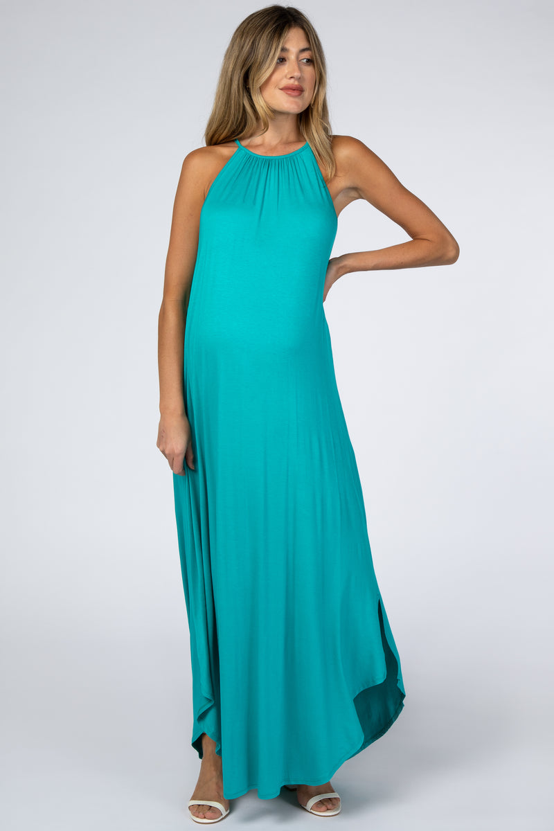 Turquoise High Neck Side Slit Maternity Maxi Dress Pinkblush 