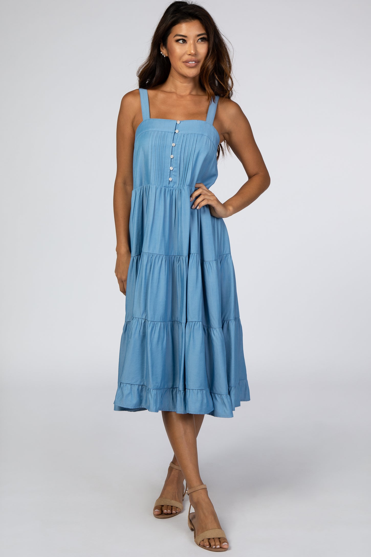 Blue Button Front Tiered Maternity Midi Dress – PinkBlush