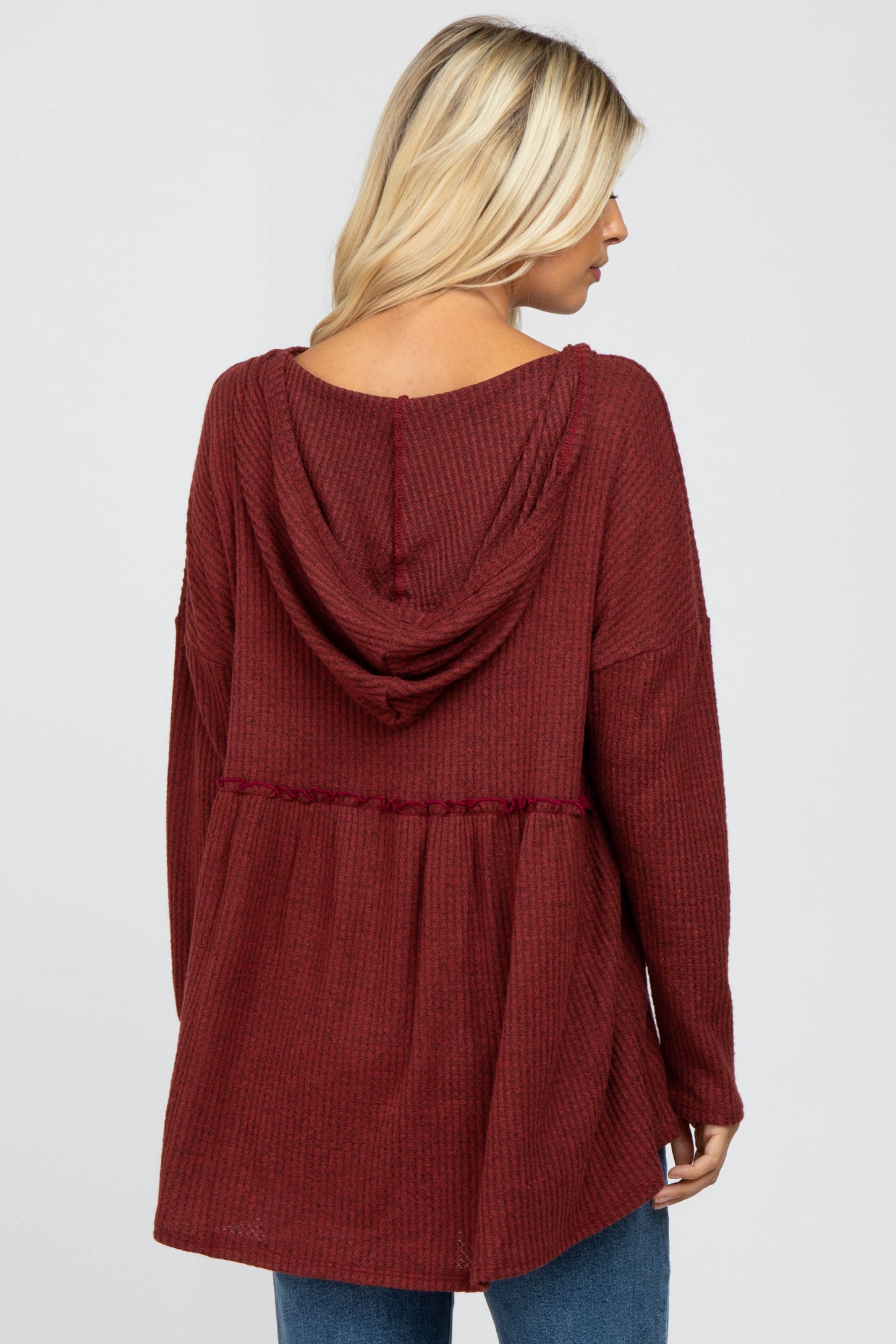 Rust Waffle Knit Hooded Peplum Top PinkBlush