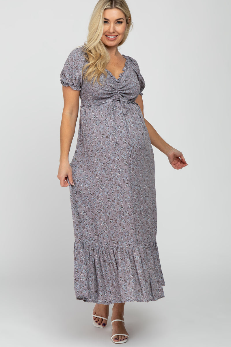 Grey Floral Smocked Puff Sleeve Maternity Maxi Dress – PinkBlush