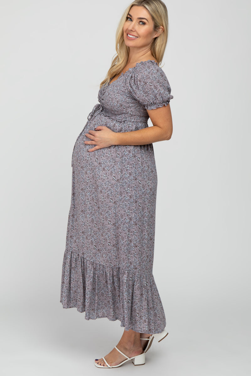 Grey Floral Smocked Puff Sleeve Maternity Maxi Dress – PinkBlush