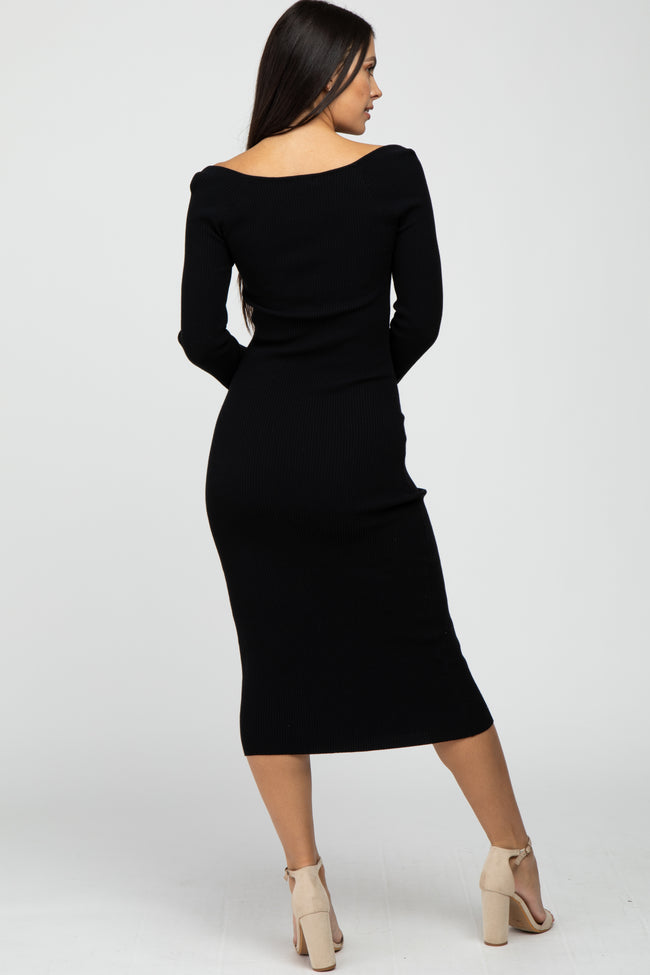 Black Ribbed Knit Fitted Dress PinkBlush