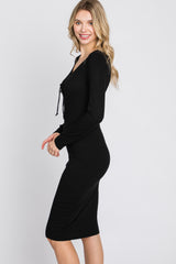 Black Ribbed Front Drawstring Midi Dress