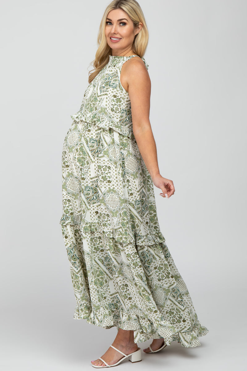 Green Floral Paisley Print Tiered Maternity Maxi Dress#R#– PinkBlush