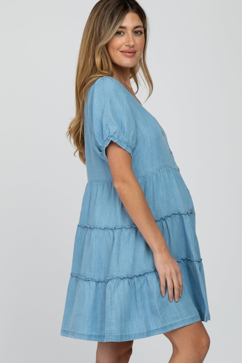 Blue Chambray Button Front Tiered Maternity Dress – PinkBlush