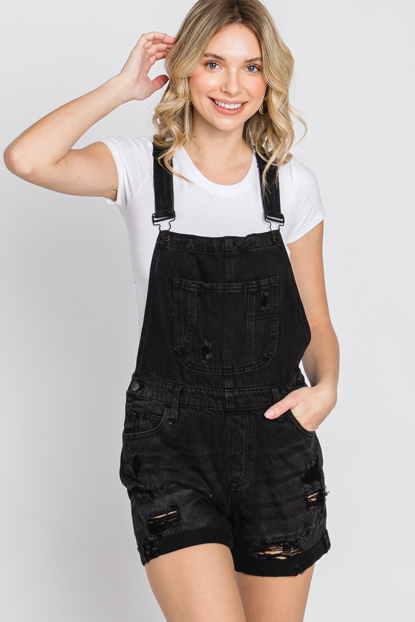 Black Distressed Denim Short Overalls – PinkBlush