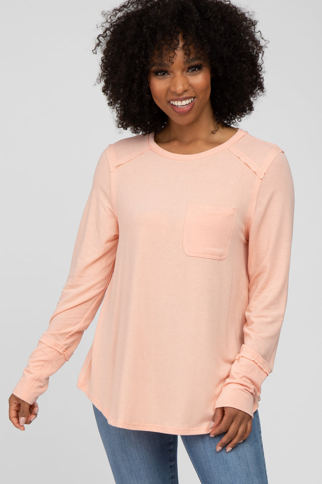 Peach Long Sleeve Front Pocket Top – PinkBlush
