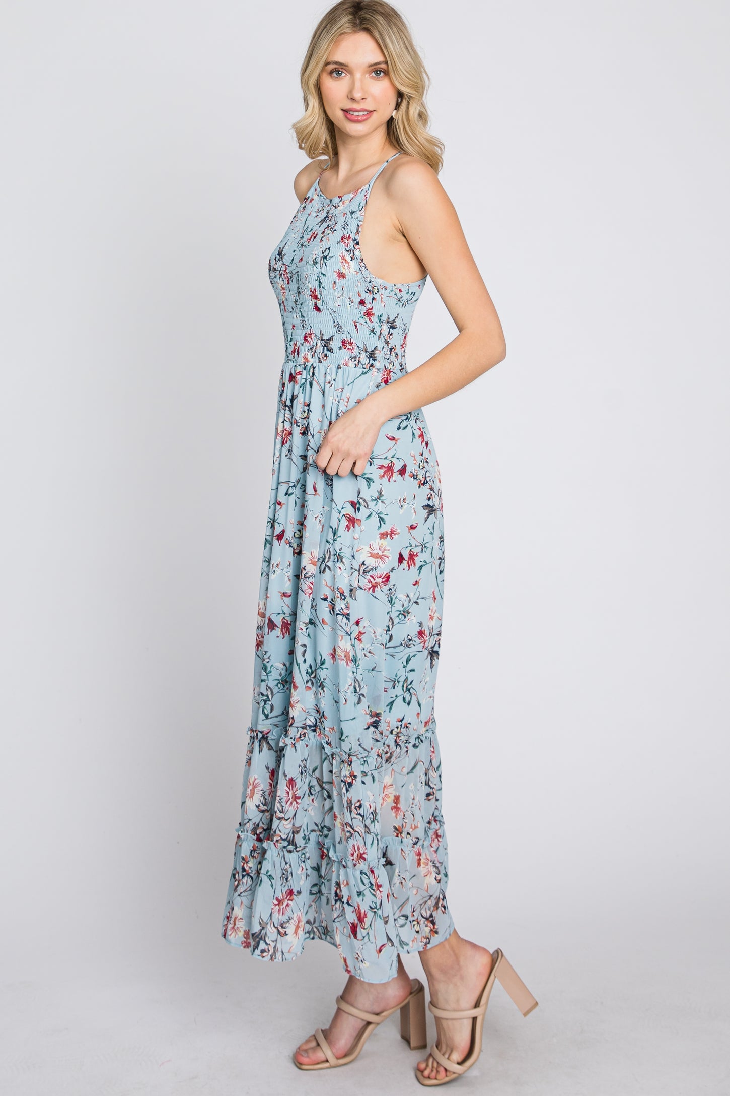Light Blue Floral Chiffon Smocked Midi Dress – PinkBlush