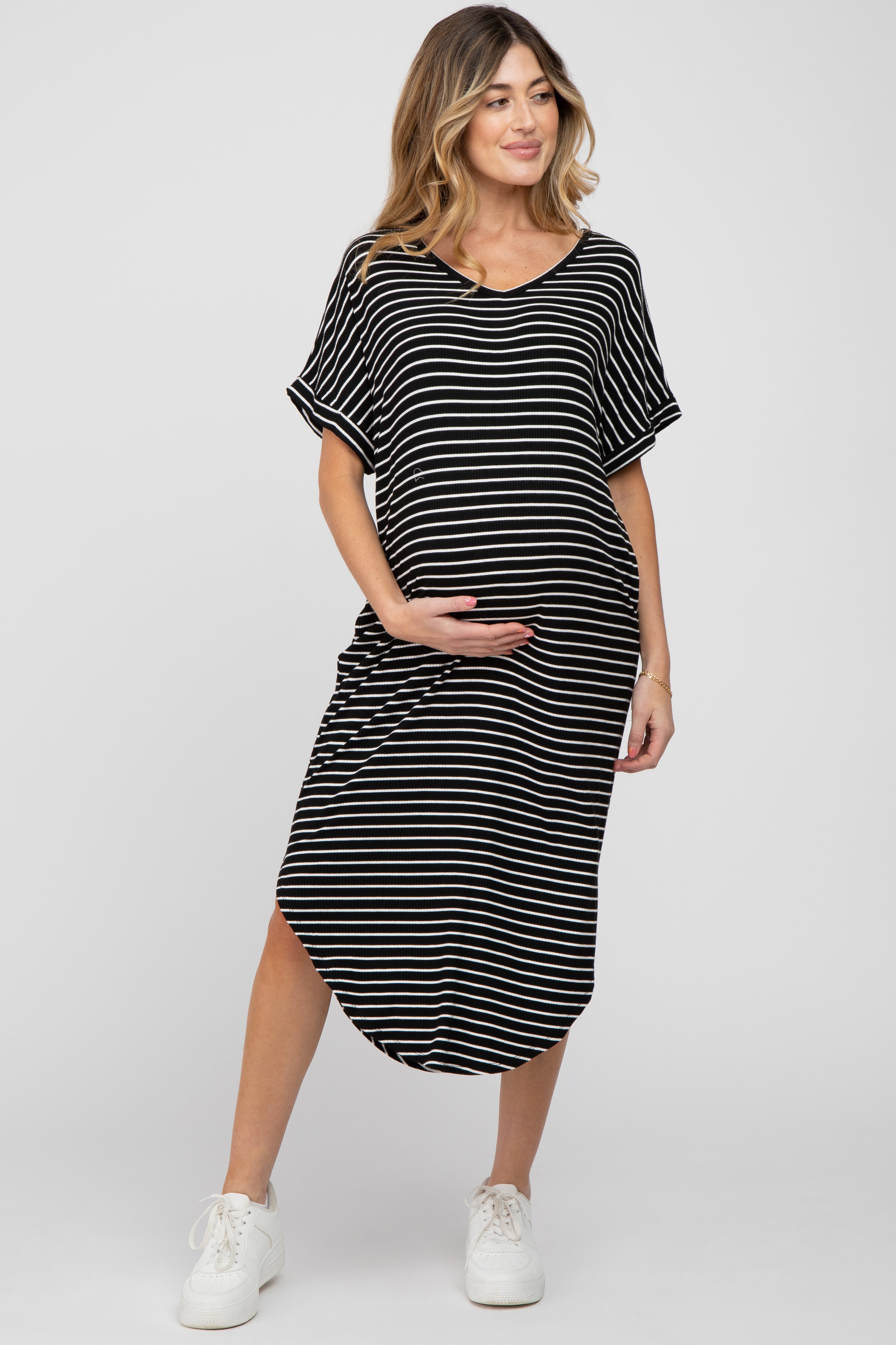 Image of Black Striped Ribbed Curved Hem Maternity Midi Dress