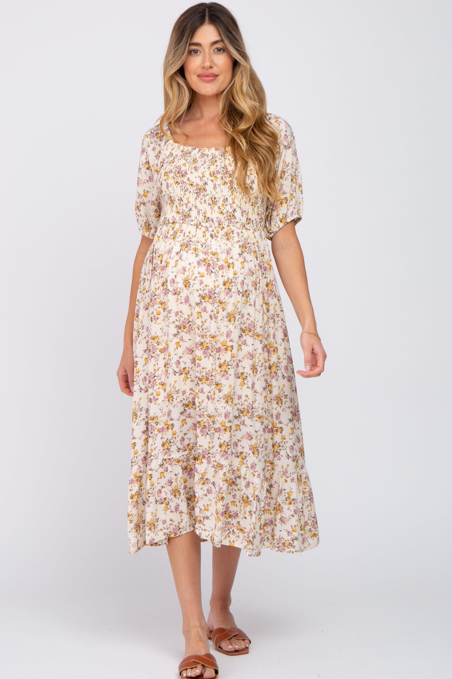 Beige Floral Puff Sleeve Maternity Midi Dress#R#– PinkBlush