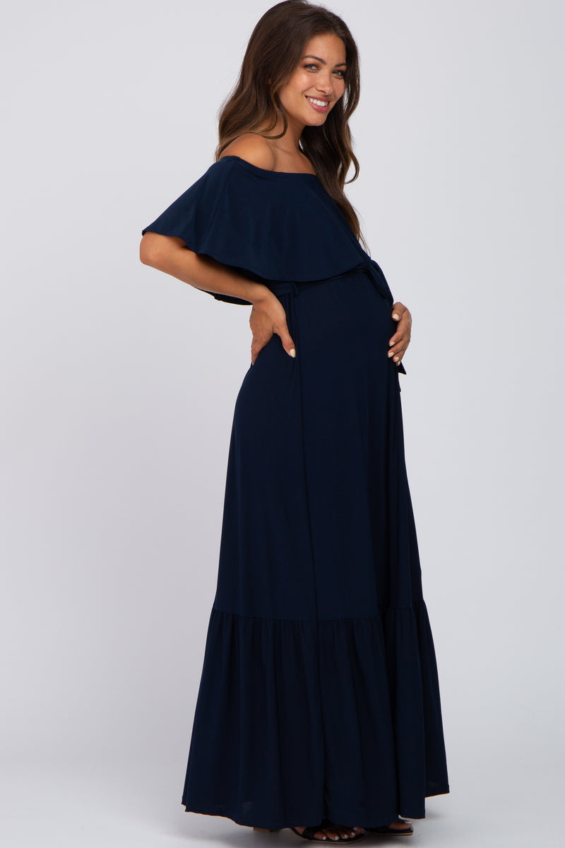 Navy Blue Off Shoulder Maternity Maxi Dress#R#– PinkBlush