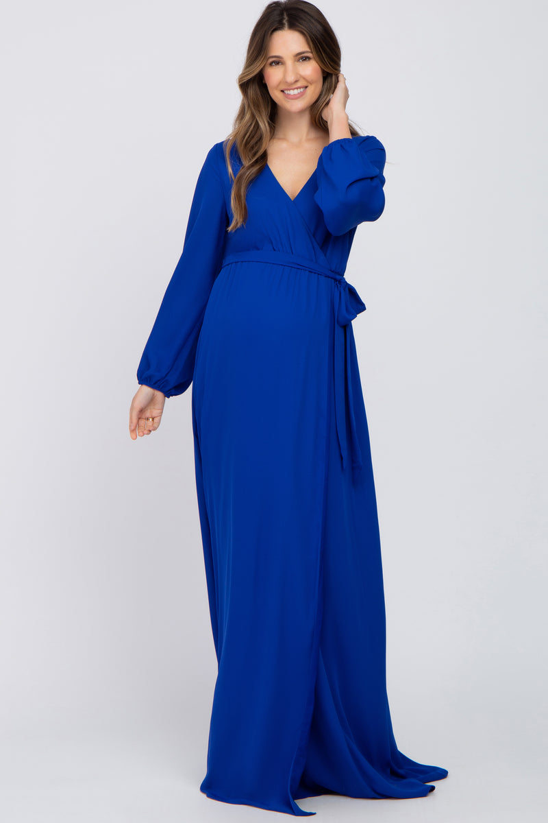 Royal Blue Wrap Front Chiffon Maternity Gown#R#– PinkBlush