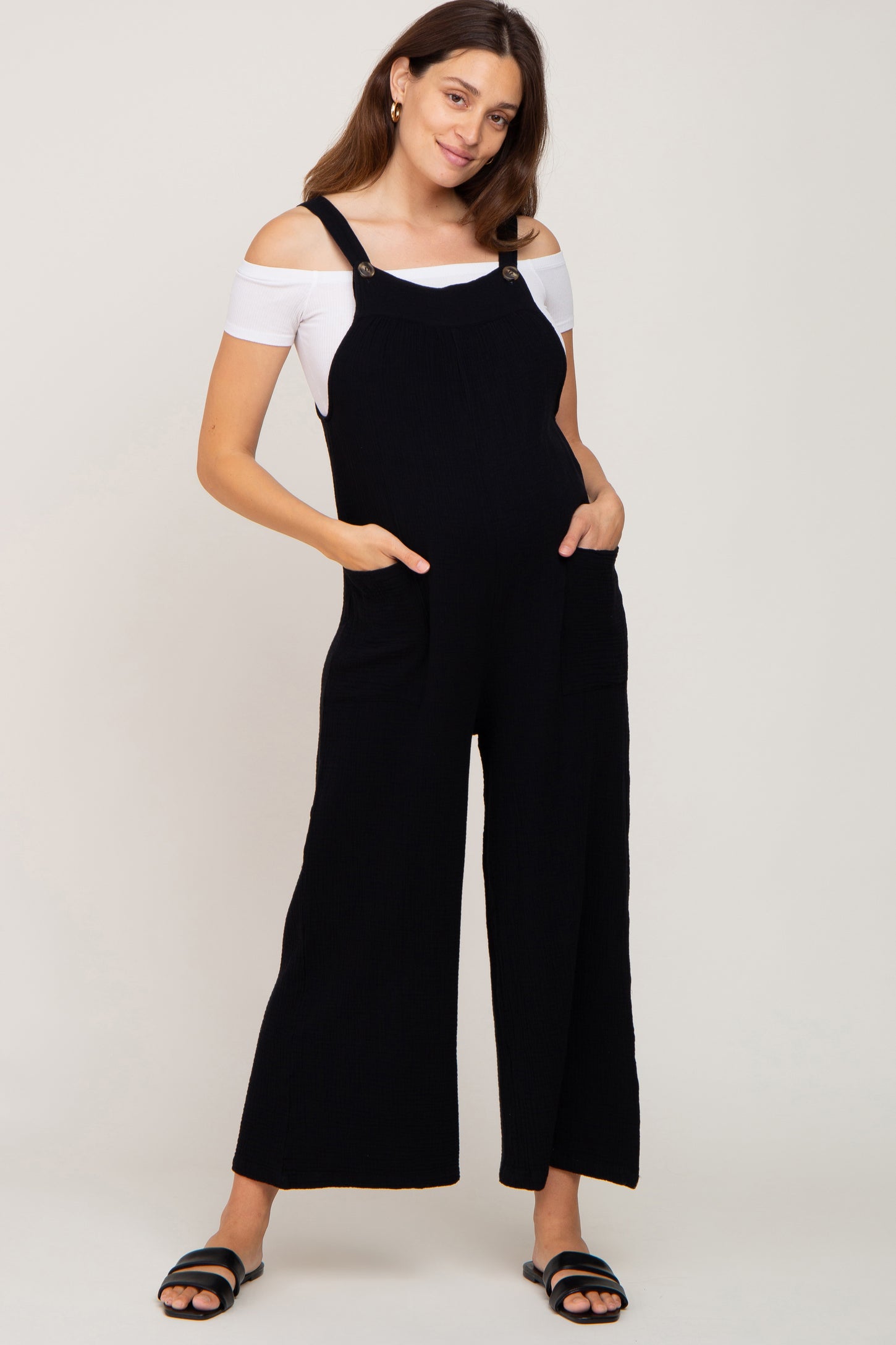 Black Gauze Wide Leg Button Front Maternity Overalls – PinkBlush