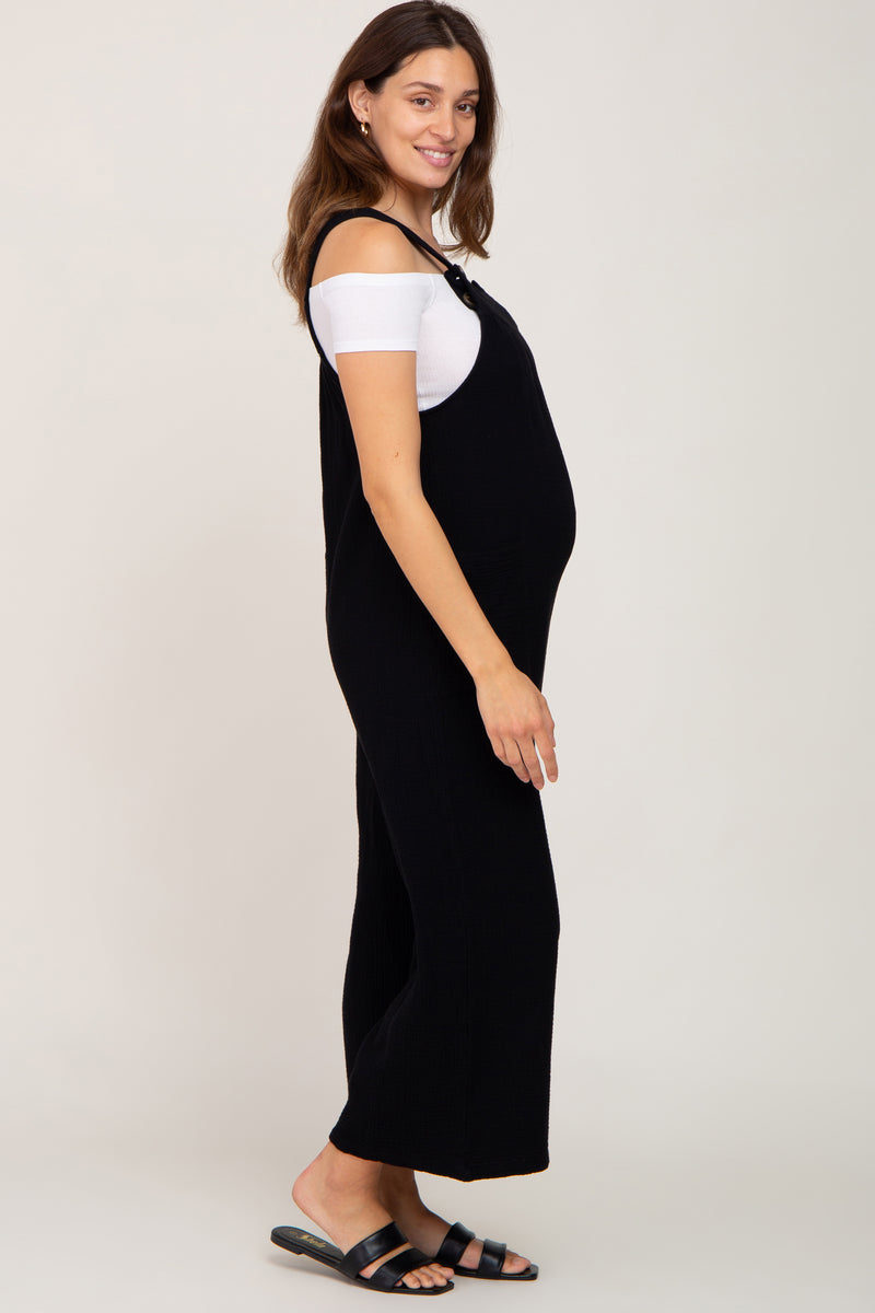 Black Gauze Wide Leg Button Front Maternity Overalls – PinkBlush