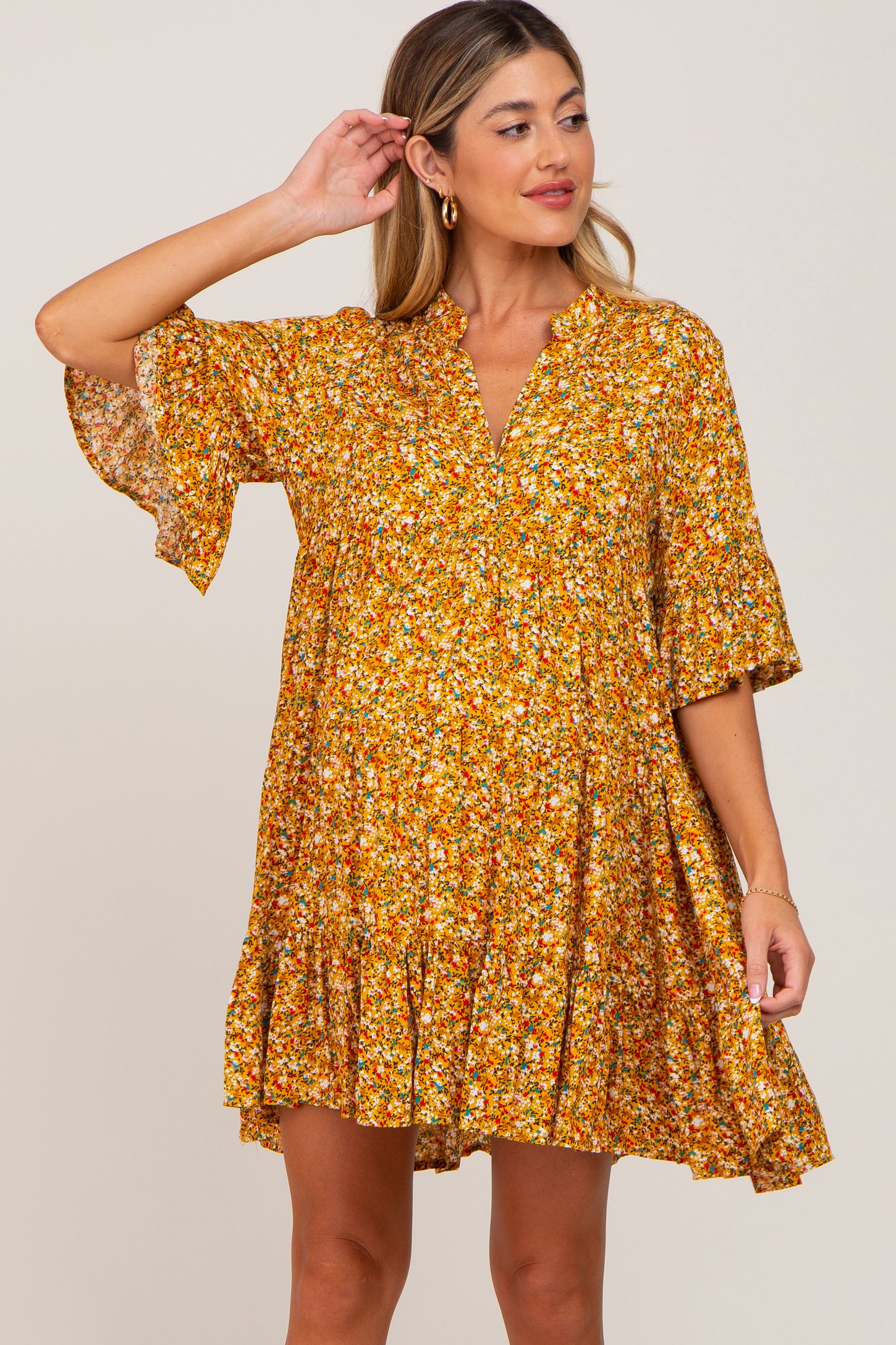 Yellow Floral Ruffle Sleeve Tiered Maternity Dress#R#– PinkBlush