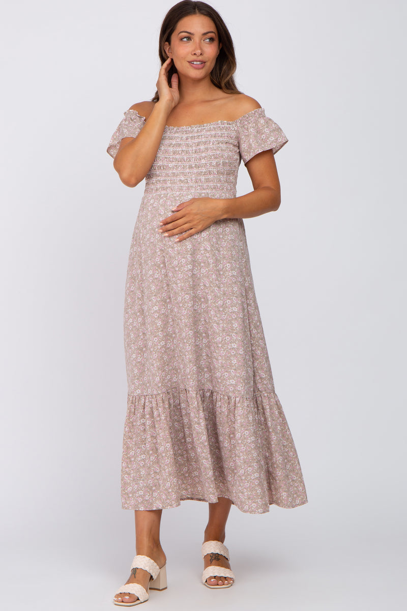 Light Pink Floral Smocked Square Neck Maternity Midi Dress#R#– PinkBlush