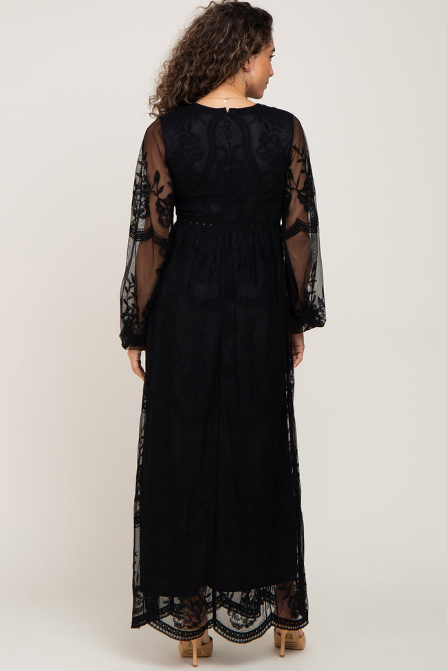 Pinkblush Black Lace Mesh Overlay Long Sleeve Maxi Dress