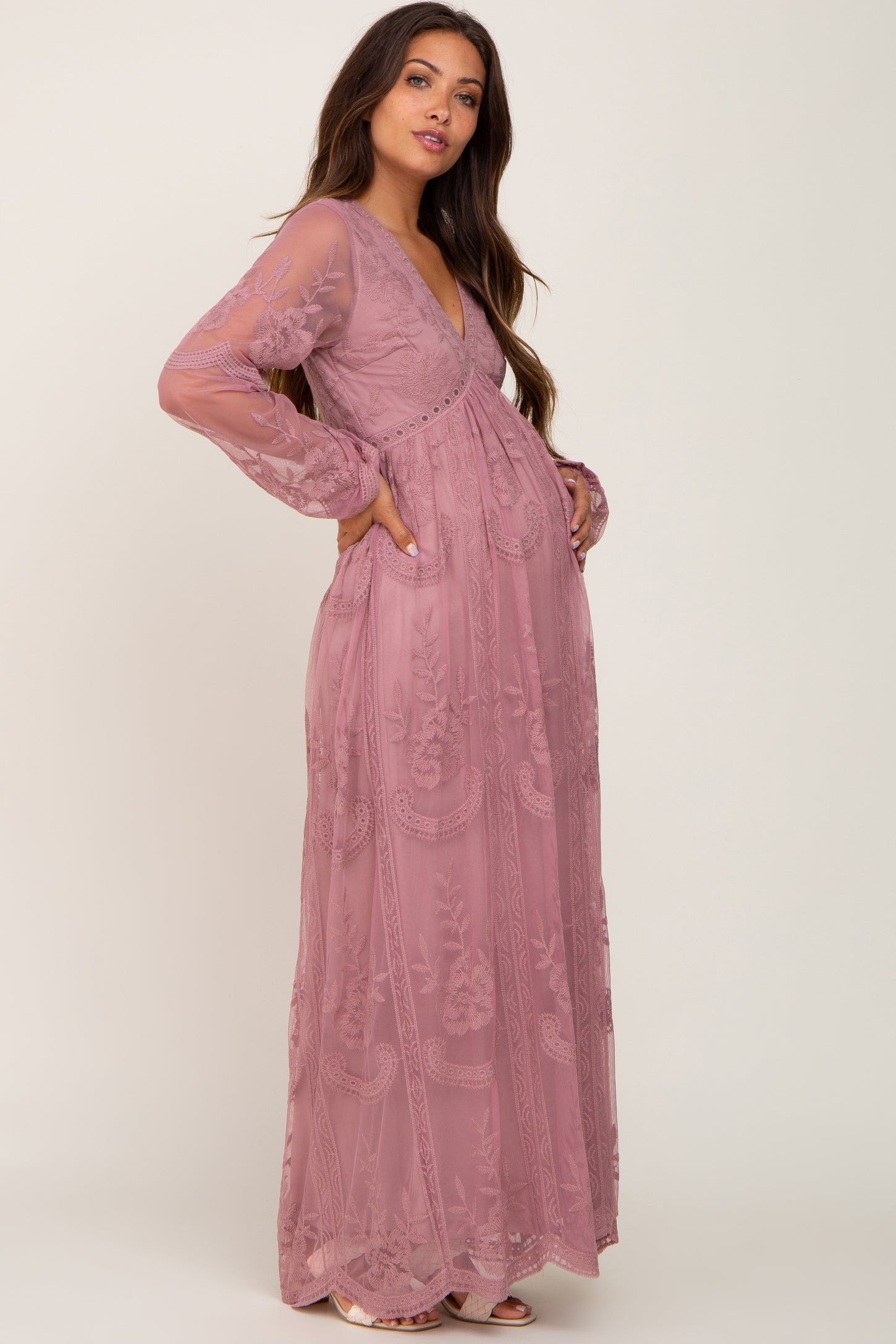 Pinkblush Mauve Lace Mesh Overlay Long Sleeve Maternity Maxi Dress 