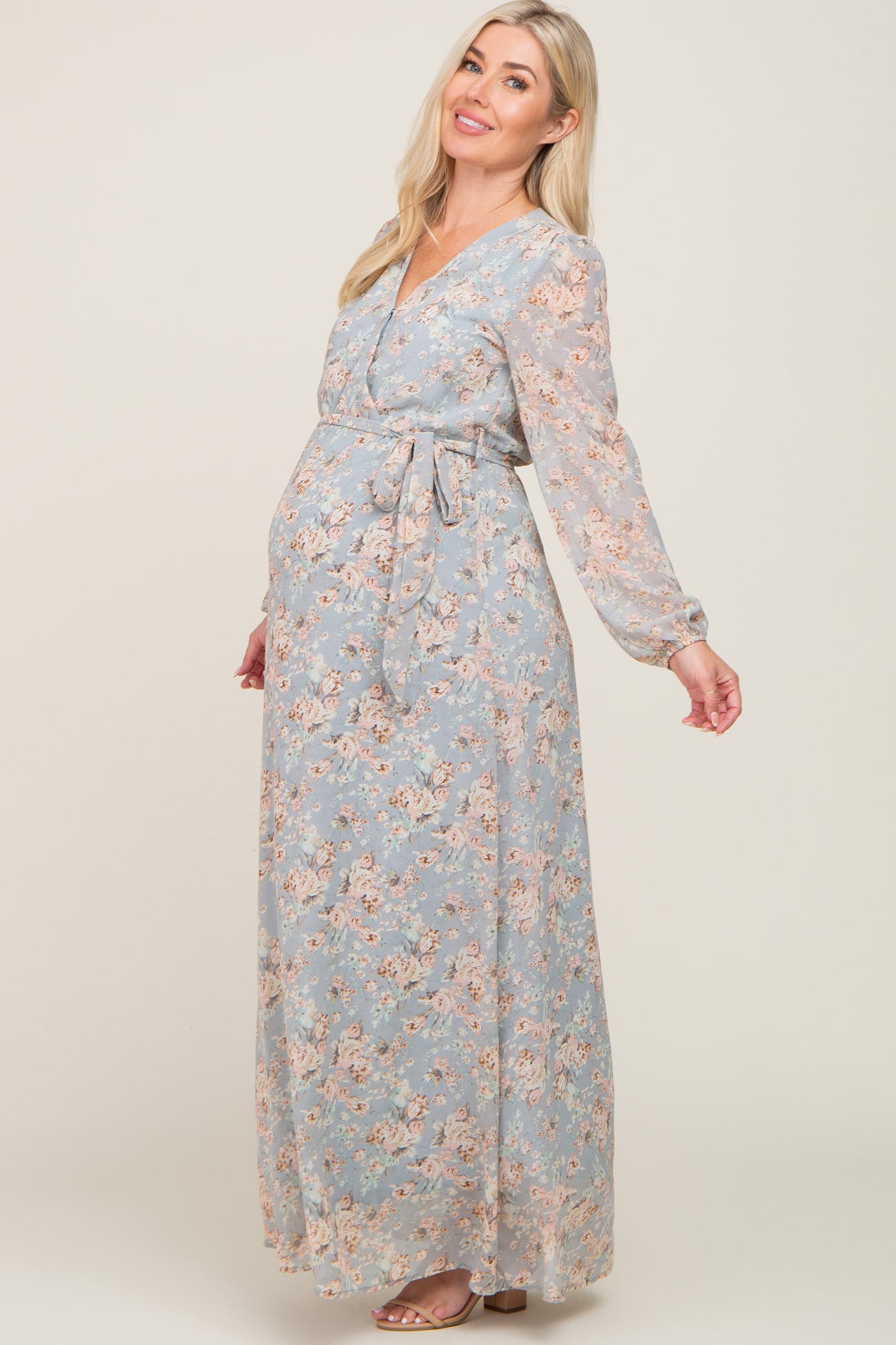 Light Grey Floral Chiffon Maternity Maxi Dress#R#– PinkBlush