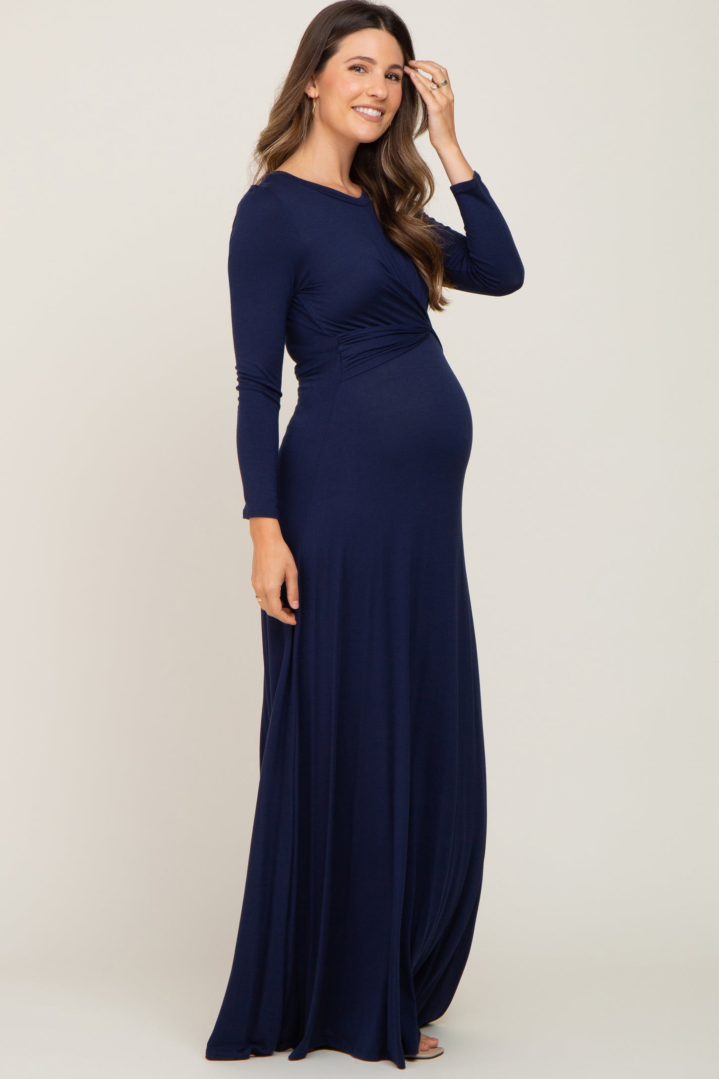 Navy Blue Twisted Waist Maternity Maxi Dress#R#– PinkBlush