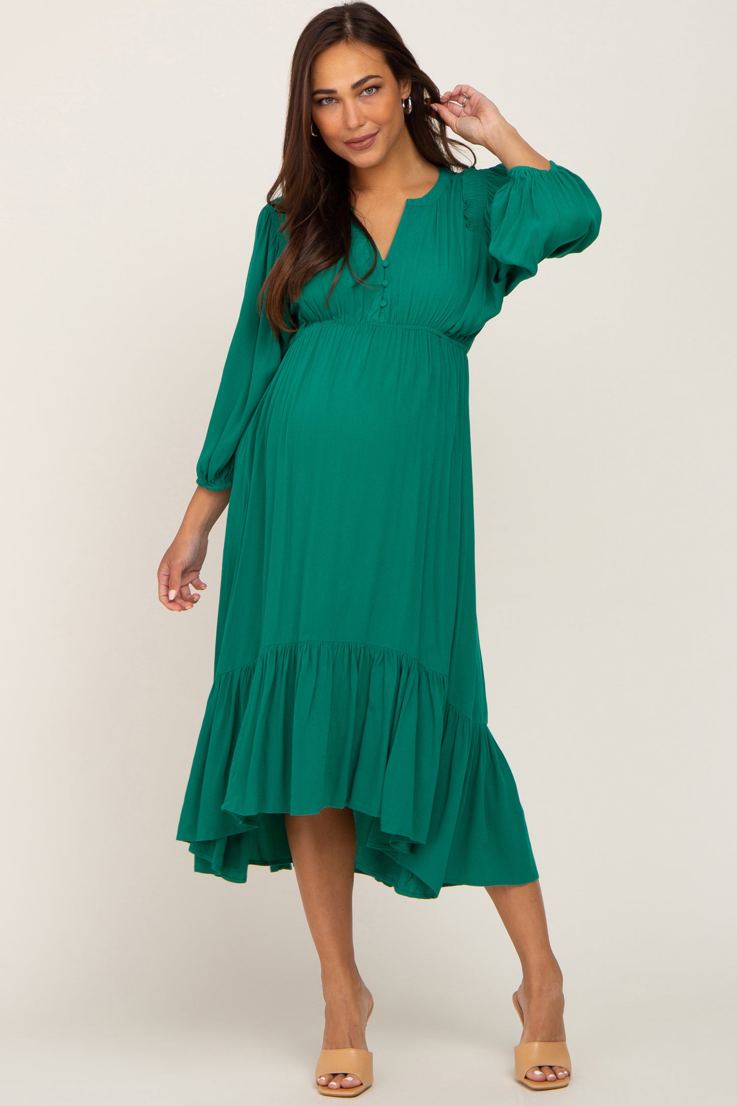 Green Button Accent Hi-Lo Maternity Midi Dress#R#– PinkBlush