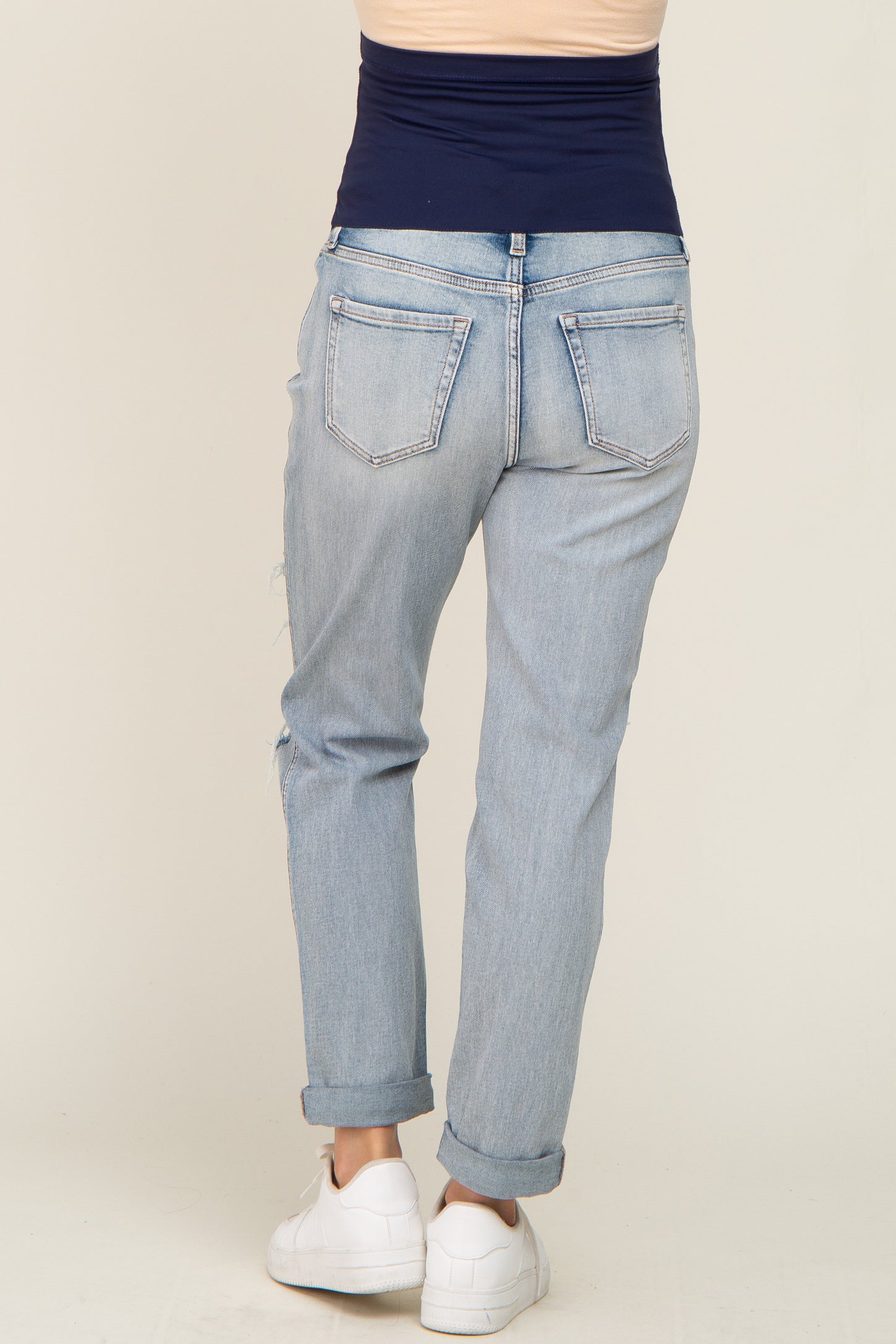 Light Blue Distressed Cuffed Maternity Jeans#R#– PinkBlush