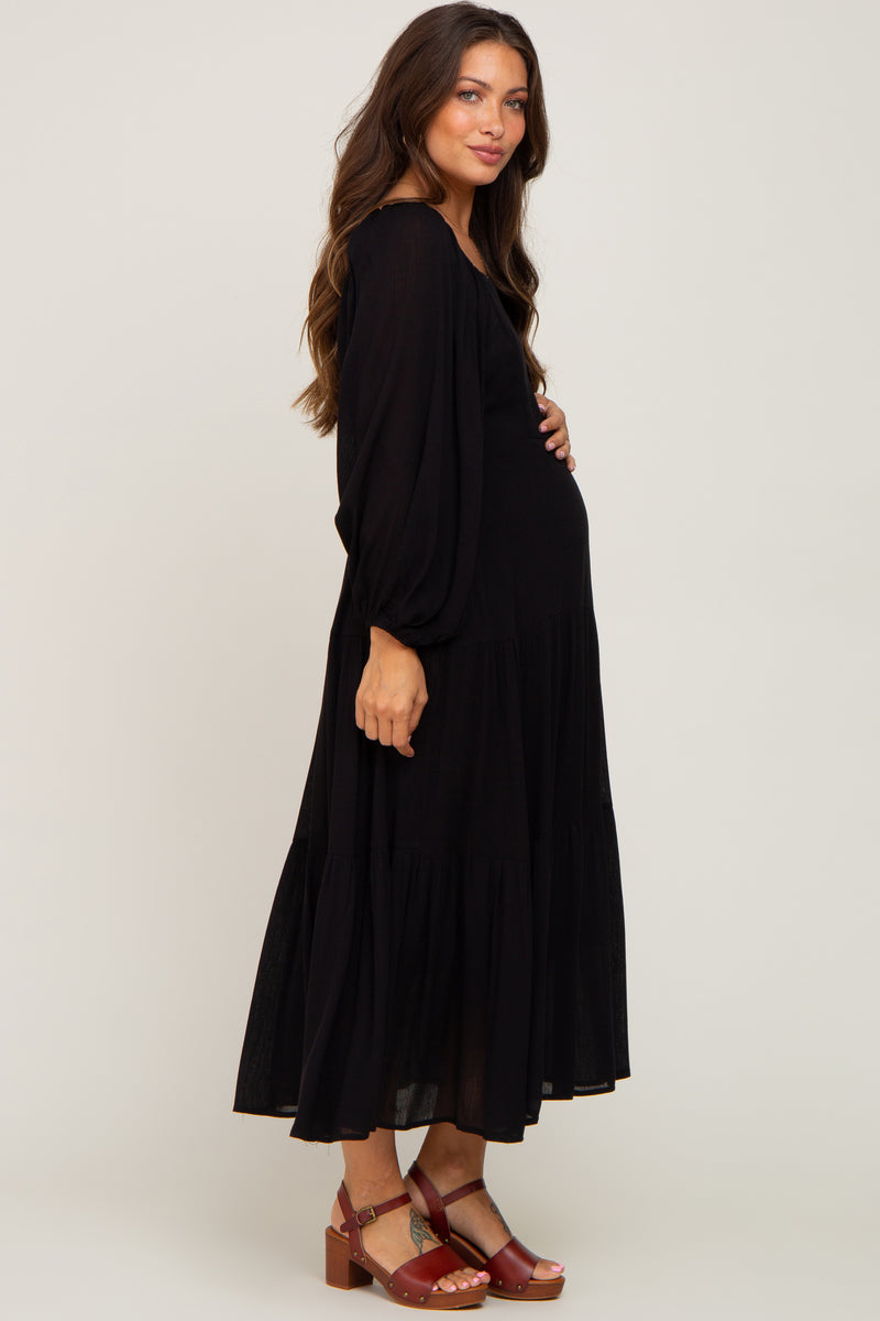 Black Tiered Maternity Midi Dress#R#– PinkBlush