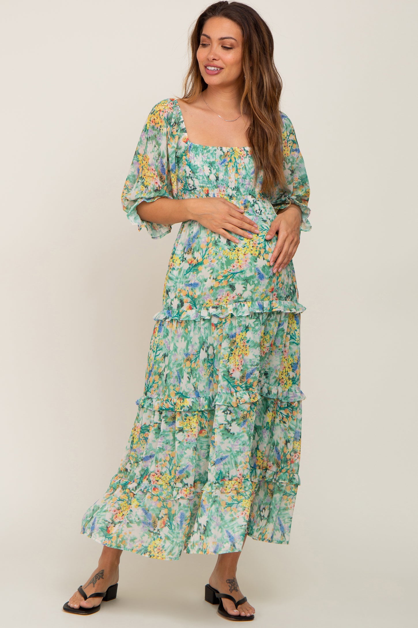 Green Floral Watercolor Print Tiered Maternity Midi Dress – PinkBlush