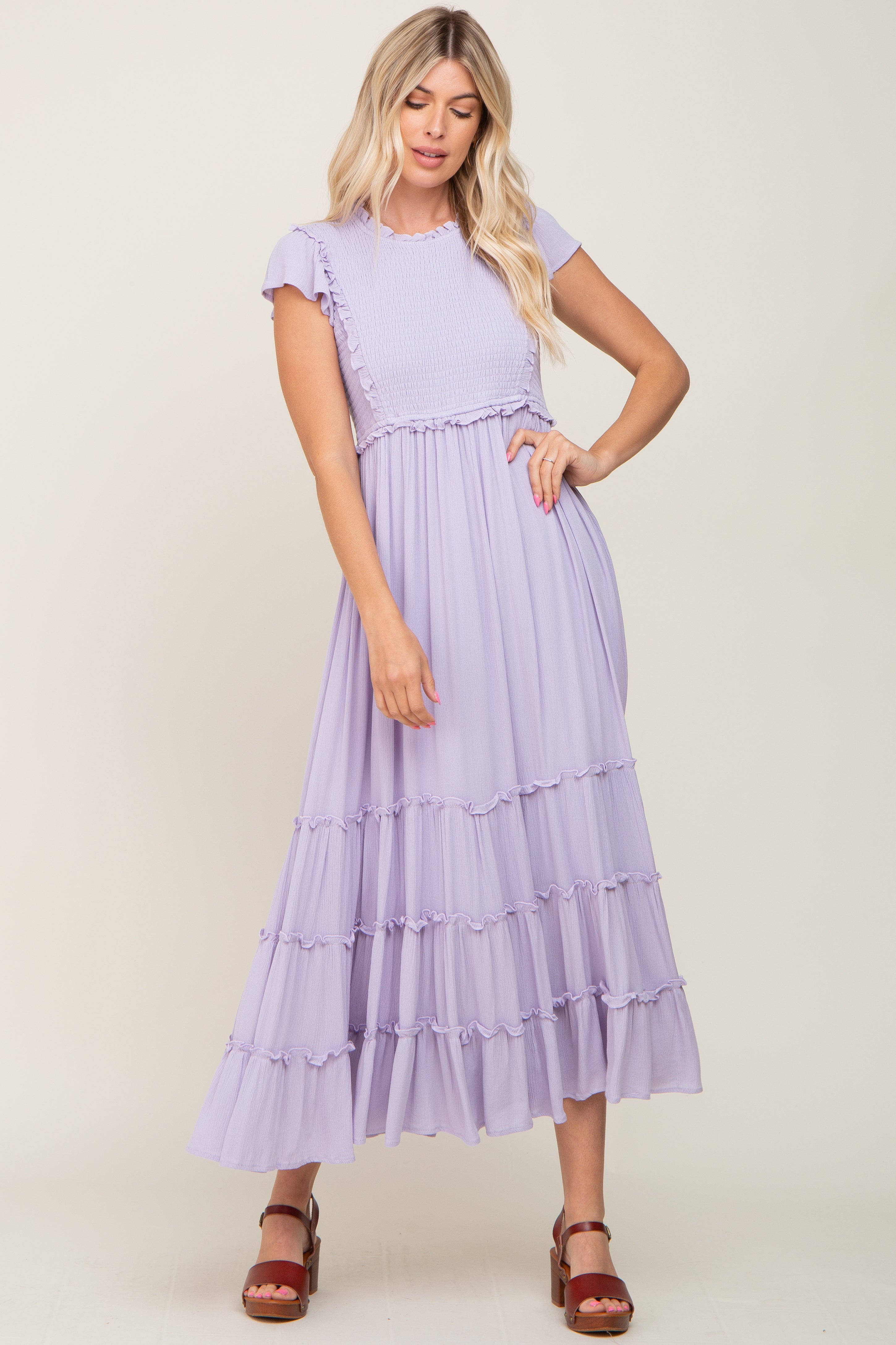 Lavender Smocked Ruffle Accent Tiered Maxi Dress – PinkBlush