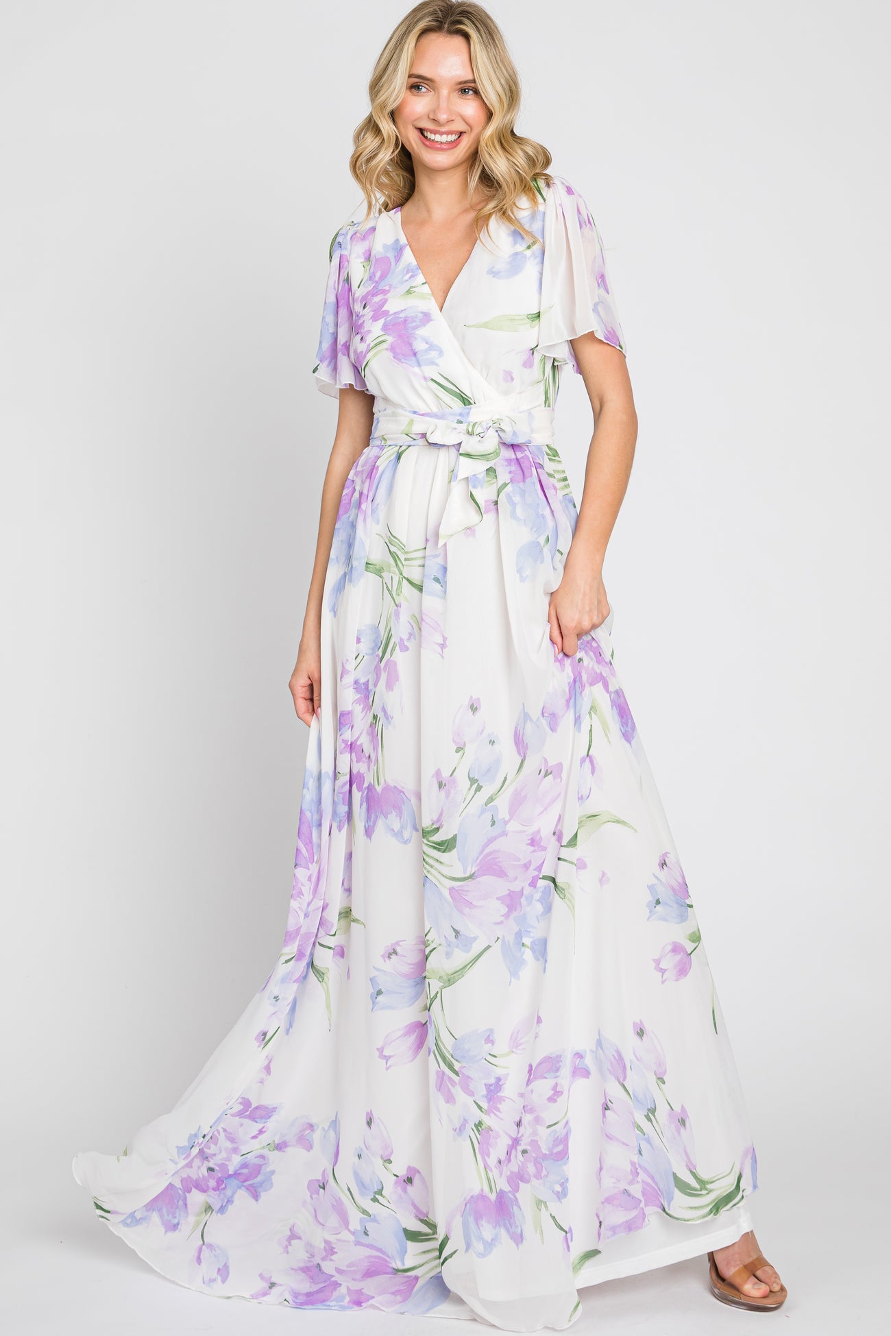 Lavender Tulip Floral Chiffon Wrap Front Short Sleeve Maxi Dress